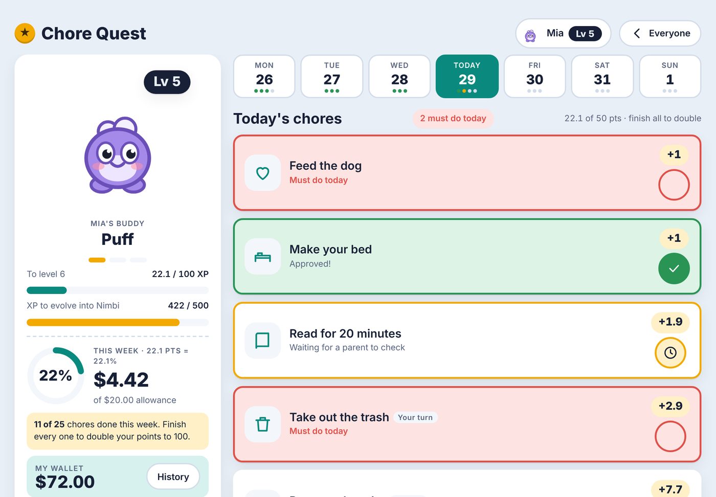 A child's chore list in Chore Quest, with today's must-do chores in red