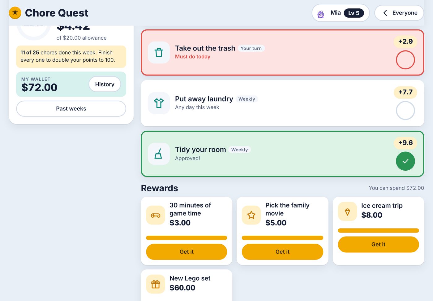 Rewards shop with savings progress